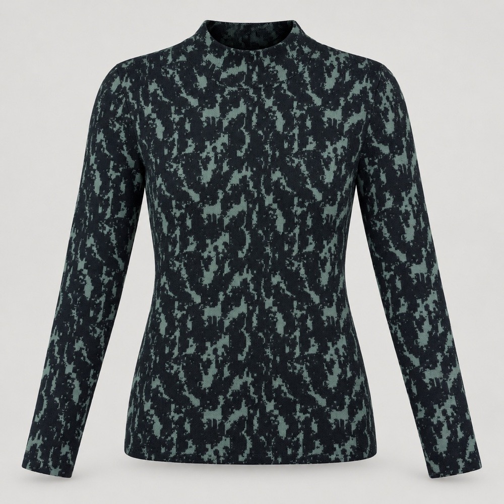 Tahari Size M Black Green Abstract Jacquard Mock Neck Sweater Modernist Chic